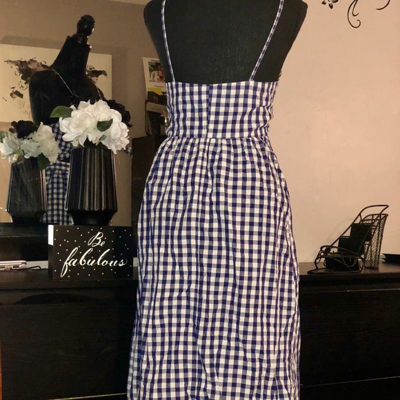 ZARA Navy Gingham Checked Cutout Midi Dress - Picture 3 of 7